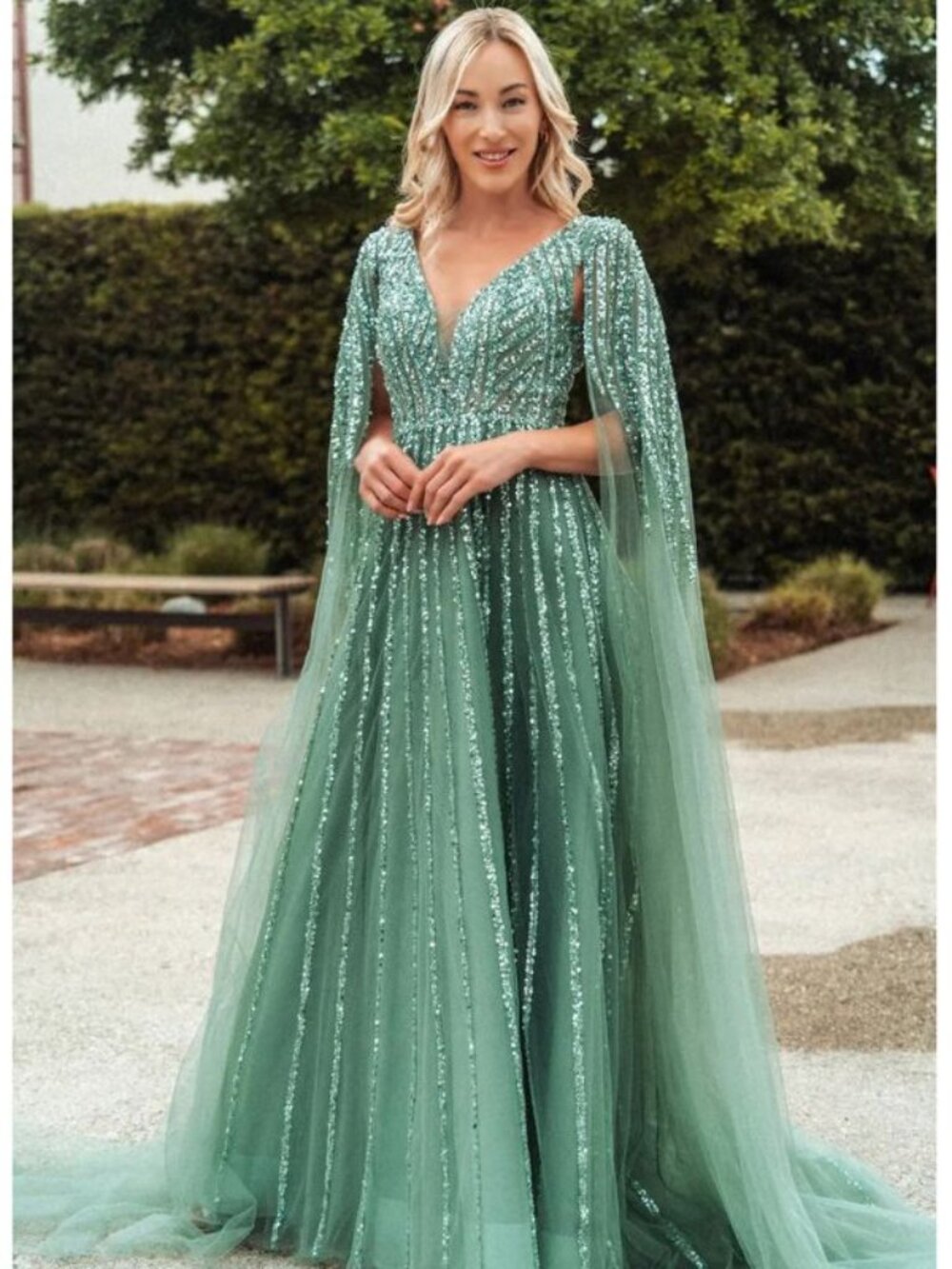 Clearance Sage Size XL Mother of the Bride Dress with Cape Sleeves by GLS GL3494